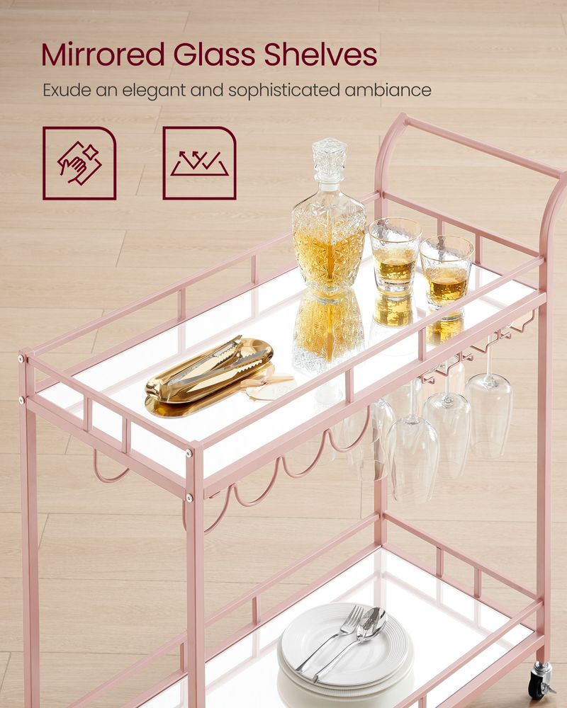 Rolling Bar Serving Cart | Mirrored Shelves With Wine Storage