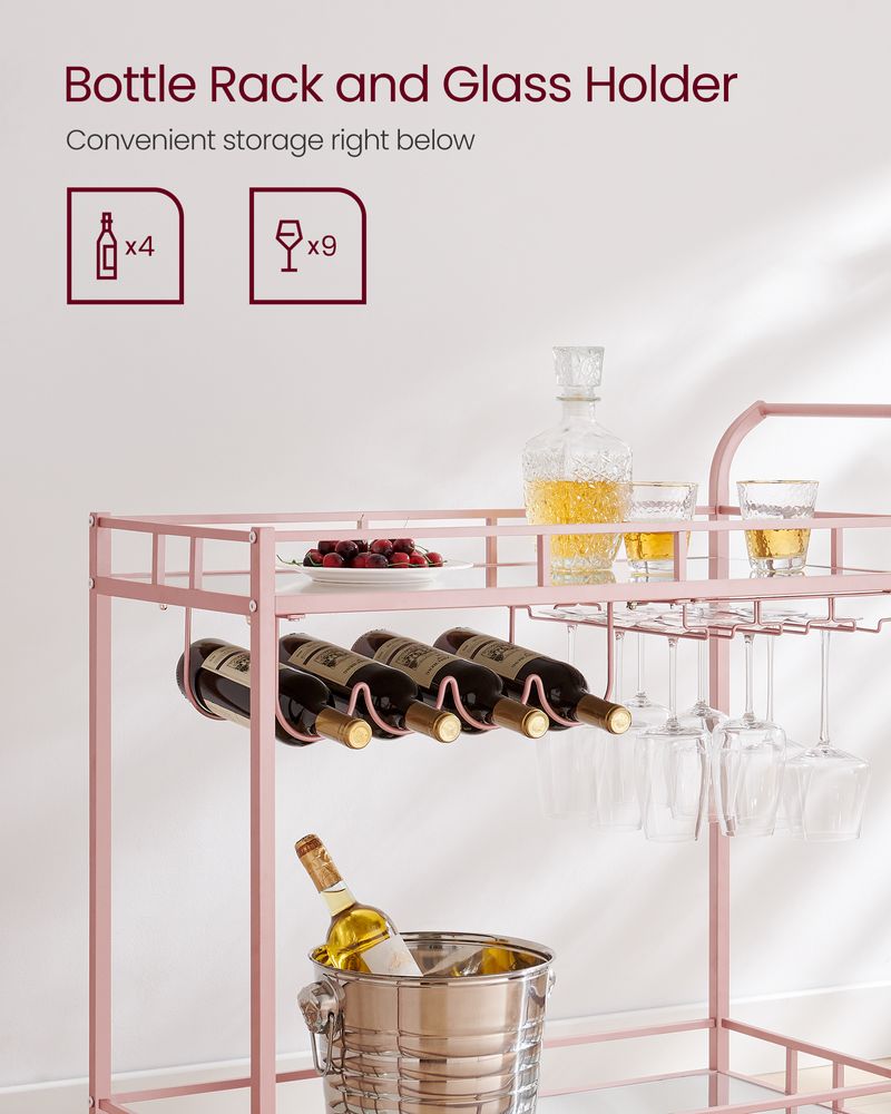 Rolling Bar Serving Cart | Mirrored Shelves With Wine Storage