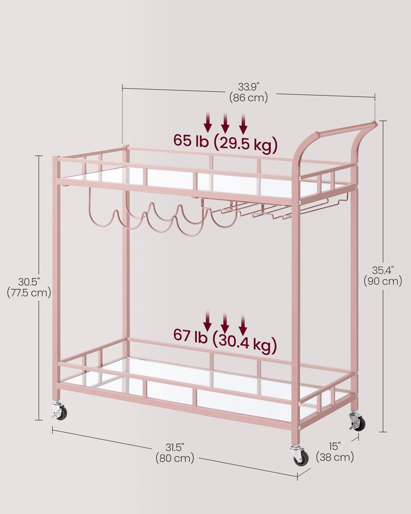 Rolling Bar Serving Cart | Mirrored Shelves With Wine Storage