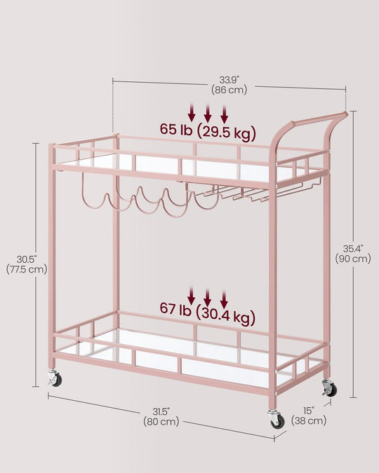 Rolling Bar Serving Cart | Mirrored Shelves With Wine Storage