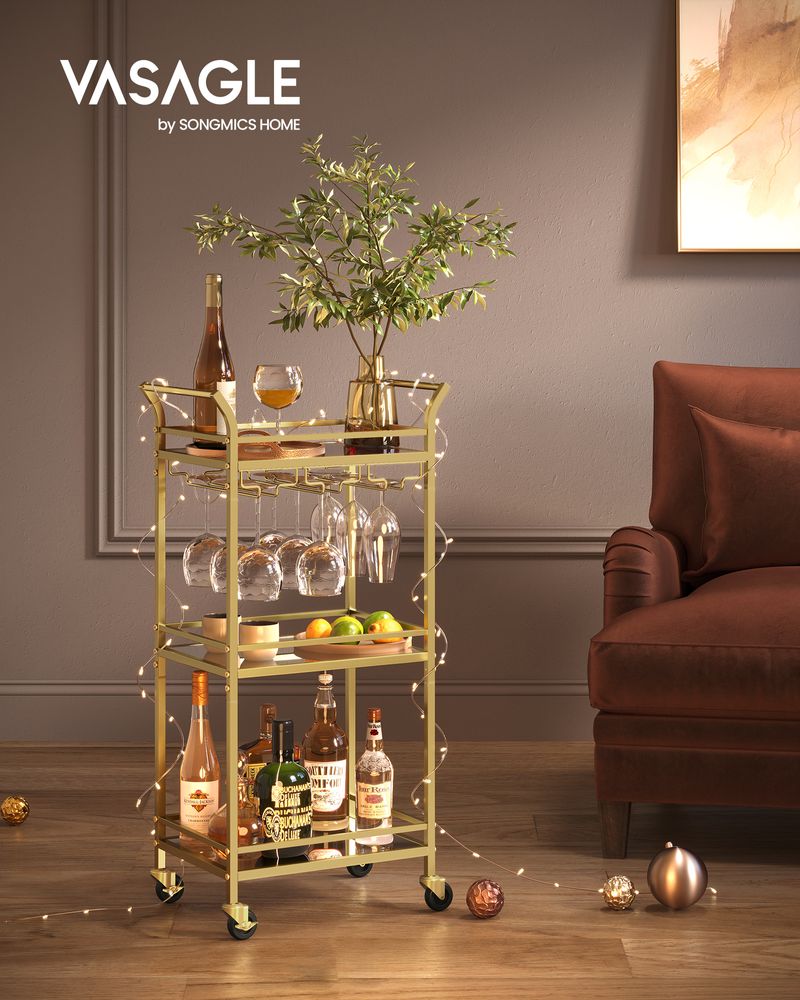Small Bar Cart | 3-Tier Mirrored Serving Cart on Wheels