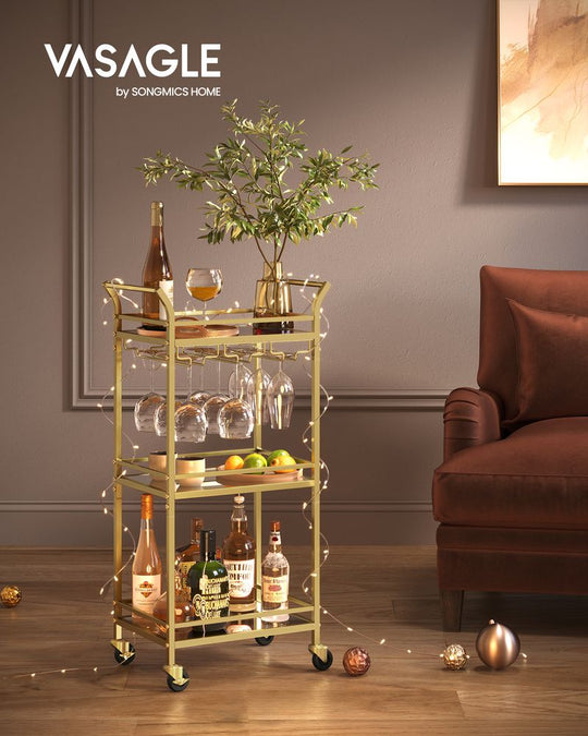 Small Bar Cart | 3-Tier Mirrored Serving Cart on Wheels