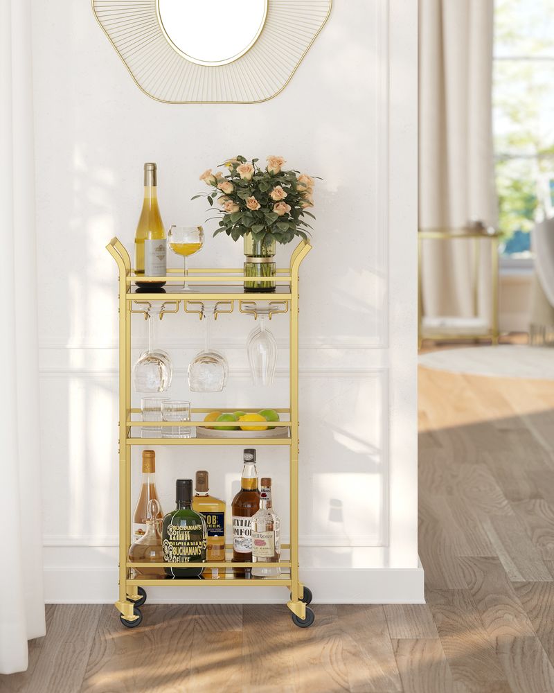 Small Bar Cart | 3-Tier Mirrored Serving Cart on Wheels