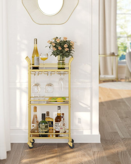 Small Bar Cart | 3-Tier Mirrored Serving Cart on Wheels