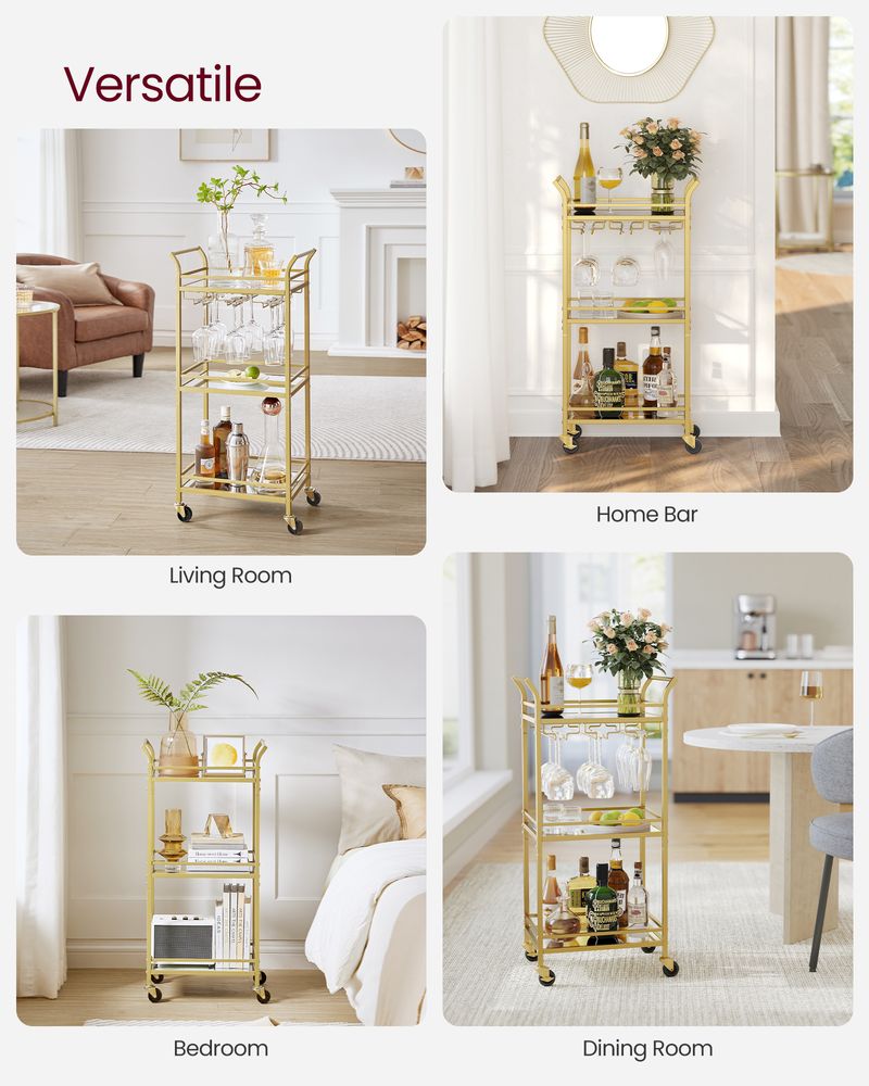 Small Bar Cart | 3-Tier Mirrored Serving Cart on Wheels