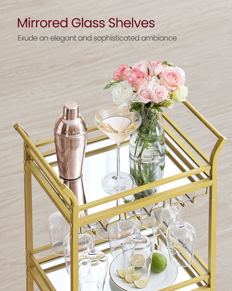 Small Bar Cart | 3-Tier Mirrored Serving Cart on Wheels