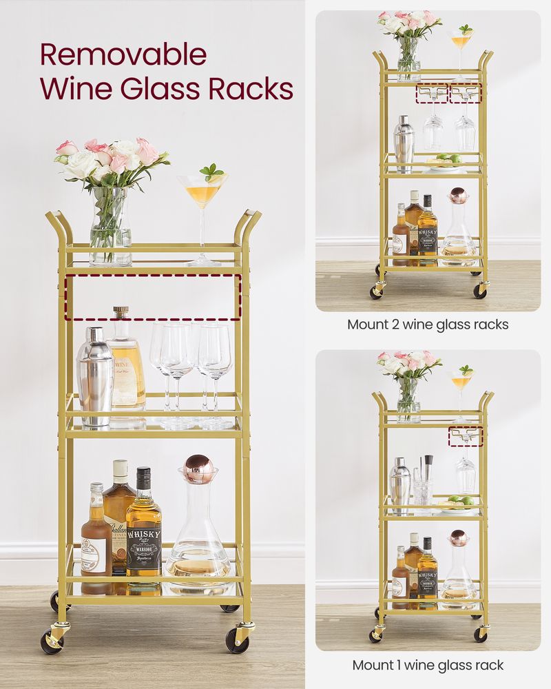 Small Bar Cart | 3-Tier Mirrored Serving Cart on Wheels