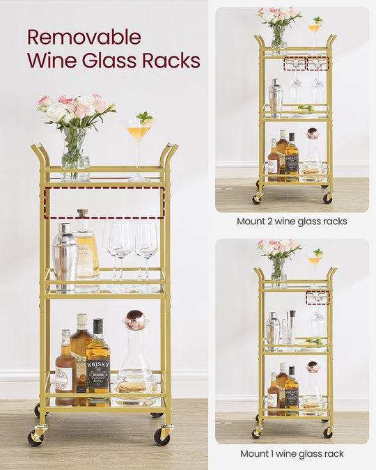 Small Bar Cart | 3-Tier Mirrored Serving Cart on Wheels