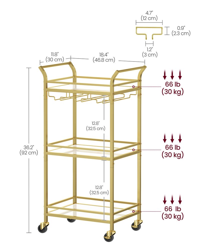 Small Bar Cart | 3-Tier Mirrored Serving Cart on Wheels