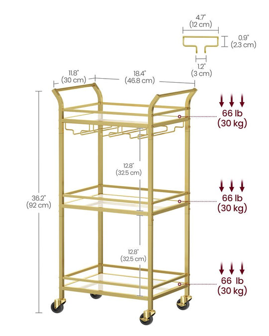 Small Bar Cart | 3-Tier Mirrored Serving Cart on Wheels