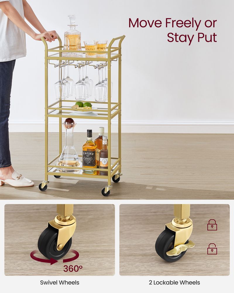 Small Bar Cart | 3-Tier Mirrored Serving Cart on Wheels