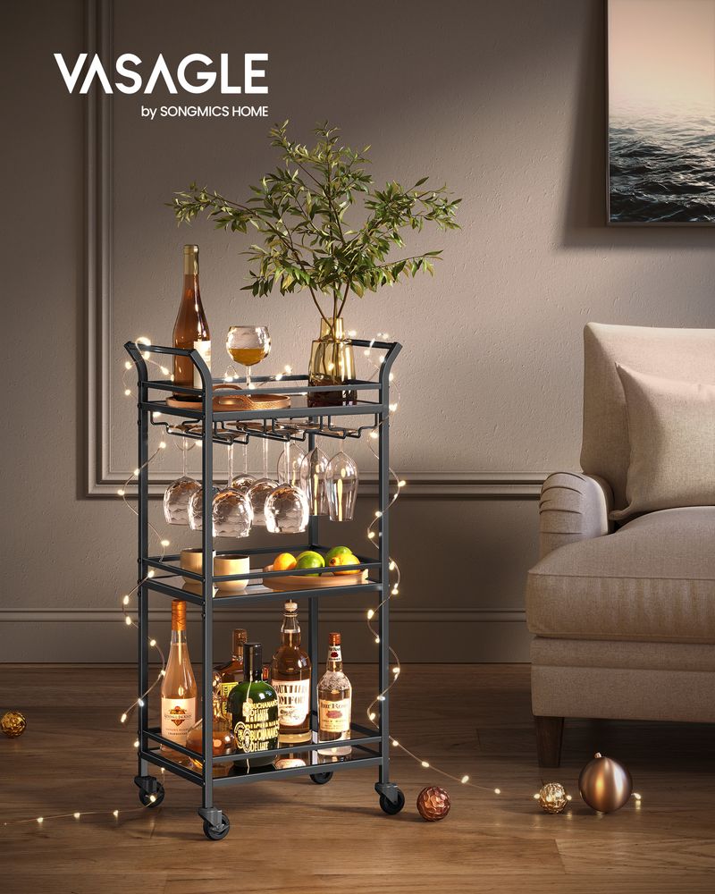 Small Bar Cart | 3-Tier Mirrored Serving Cart on Wheels