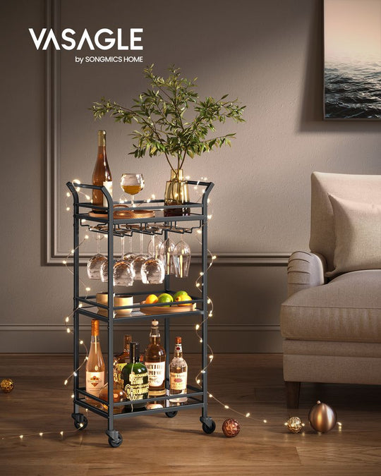 Small Bar Cart | 3-Tier Mirrored Serving Cart on Wheels
