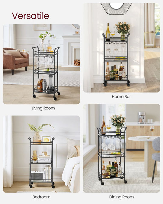 Small Bar Cart | 3-Tier Mirrored Serving Cart on Wheels