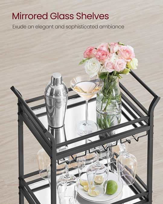 Small Bar Cart | 3-Tier Mirrored Serving Cart on Wheels