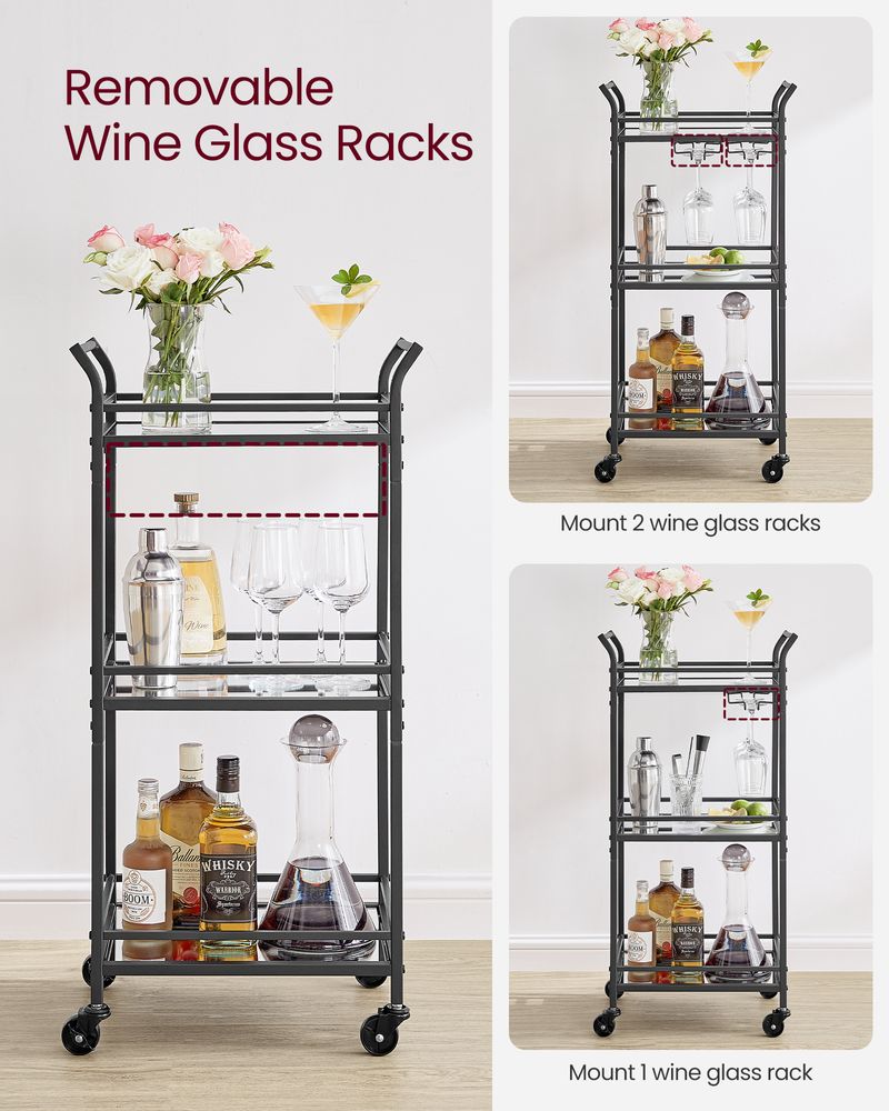 Small Bar Cart | 3-Tier Mirrored Serving Cart on Wheels