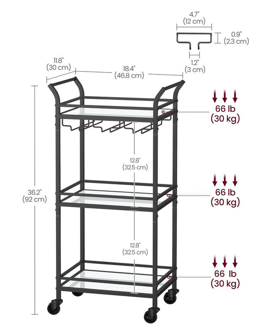 Small Bar Cart | 3-Tier Mirrored Serving Cart on Wheels