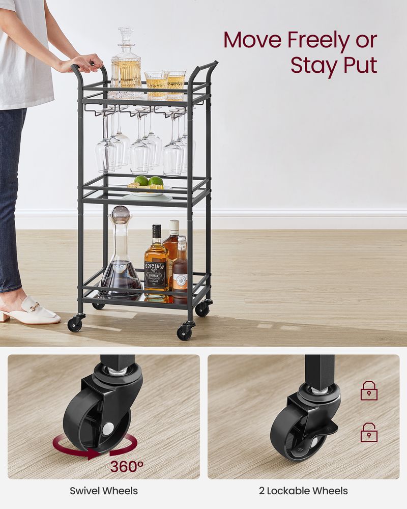 Small Bar Cart | 3-Tier Mirrored Serving Cart on Wheels