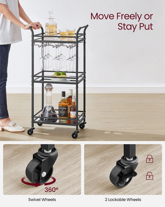Small Bar Cart | 3-Tier Mirrored Serving Cart on Wheels