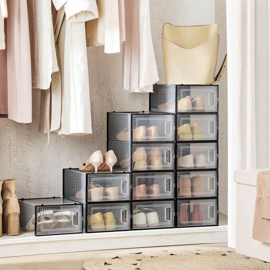 Stackable Shoe Storage Boxes | Clear Drop Front Organizer Set
