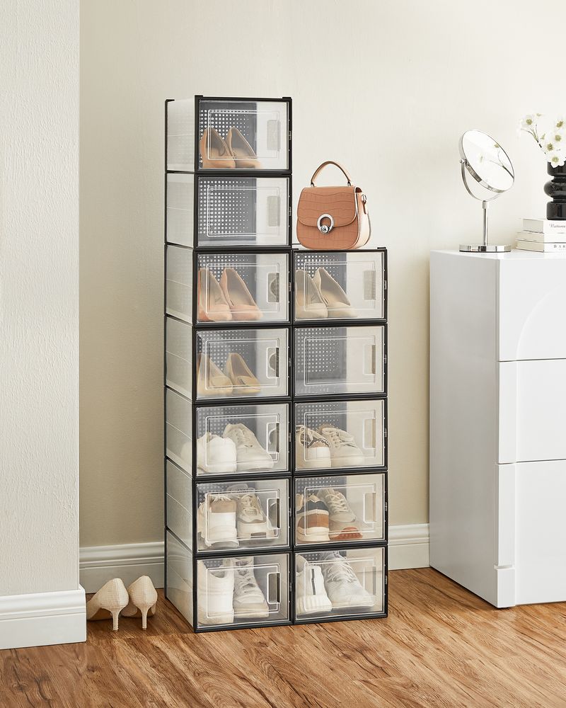 Stackable Shoe Storage Boxes | Clear Drop Front Organizer Set
