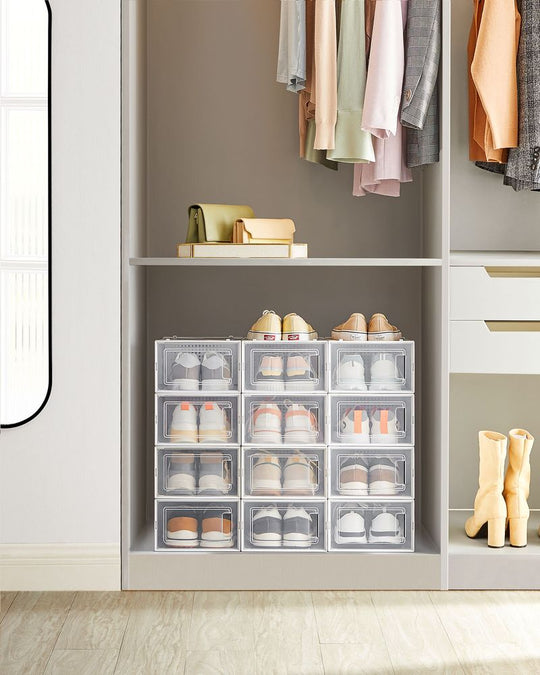 Stackable Shoe Storage Boxes | Clear Drop Front Organizer Set
