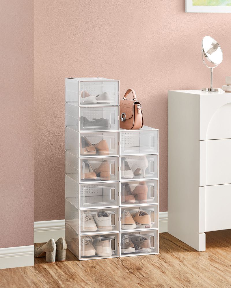 Stackable Shoe Storage Boxes | Clear Drop Front Organizer Set