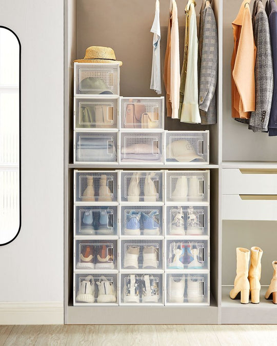 Stackable Shoe Storage Boxes | Clear Drop Front Organizer Set