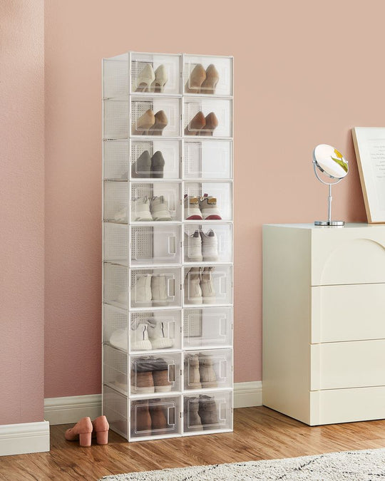 Stackable Shoe Storage Boxes | Clear Drop Front Organizer Set