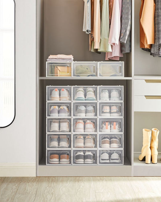 Stackable Shoe Storage Boxes | Clear Drop Front Organizer Set