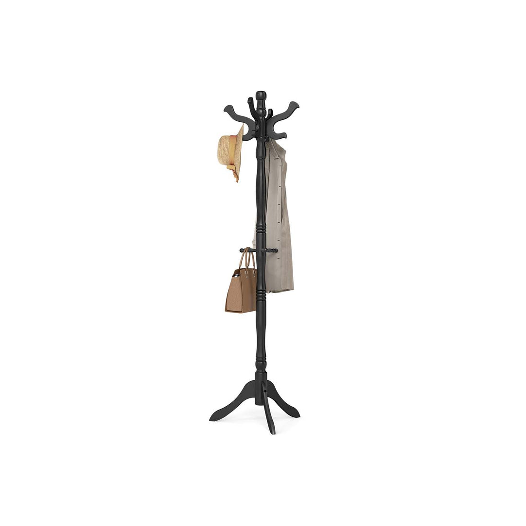 Solid Wood Coat Rack | Turned Post Stand With Curved Hooks