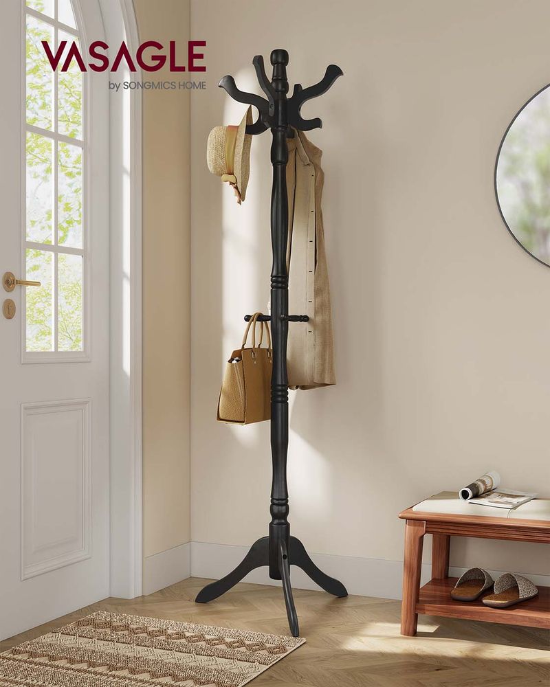 Solid Wood Coat Rack | Turned Post Stand With Curved Hooks