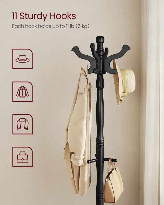 Wood Coat Rack | Freestanding 11-Hook Entryway Stand