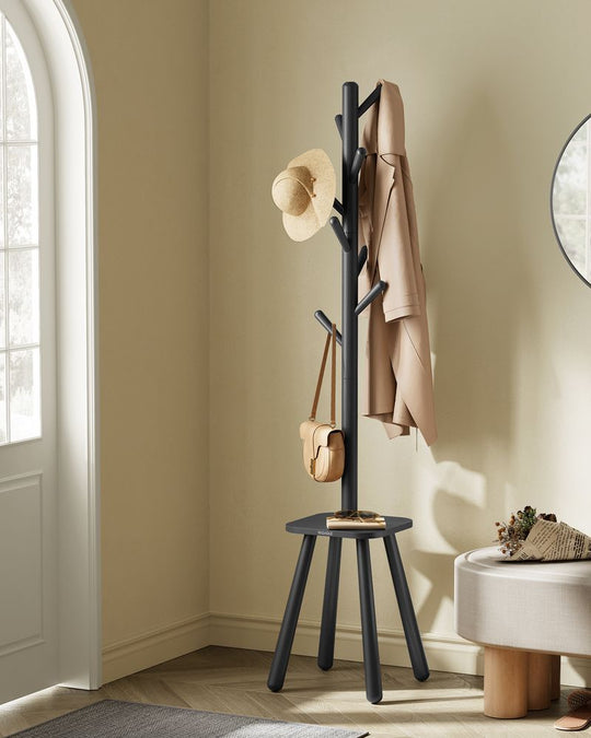 Freestanding Coat Rack | Tree Hooks With Lower Storage Shelf