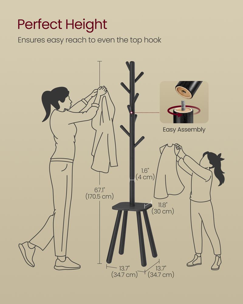 Freestanding Coat Rack | Tree Hooks With Lower Storage Shelf