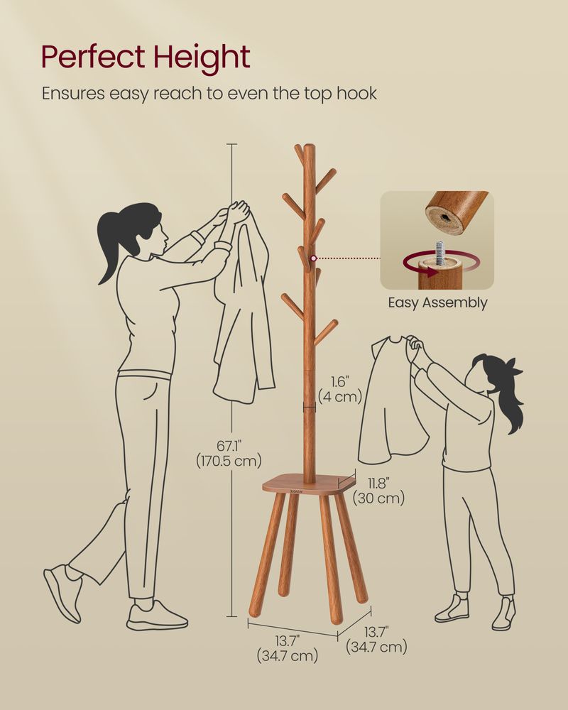 Freestanding Coat Rack | Tree Hooks With Lower Storage Shelf
