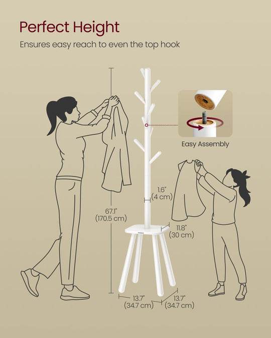 Freestanding Coat Rack | Tree Hooks With Lower Storage Shelf