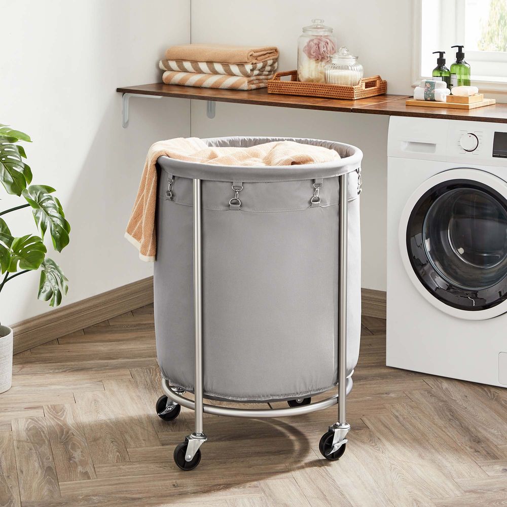 Round Rolling Laundry Hamper | Steel Frame Cart With Wheels