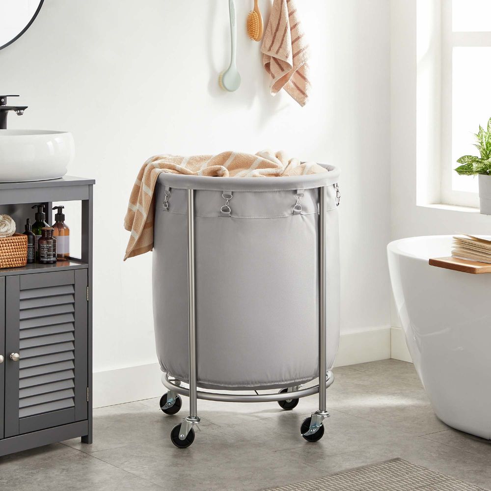 Round Rolling Laundry Hamper | Steel Frame Cart With Wheels
