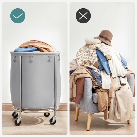 Round Rolling Laundry Hamper | Steel Frame Cart With Wheels