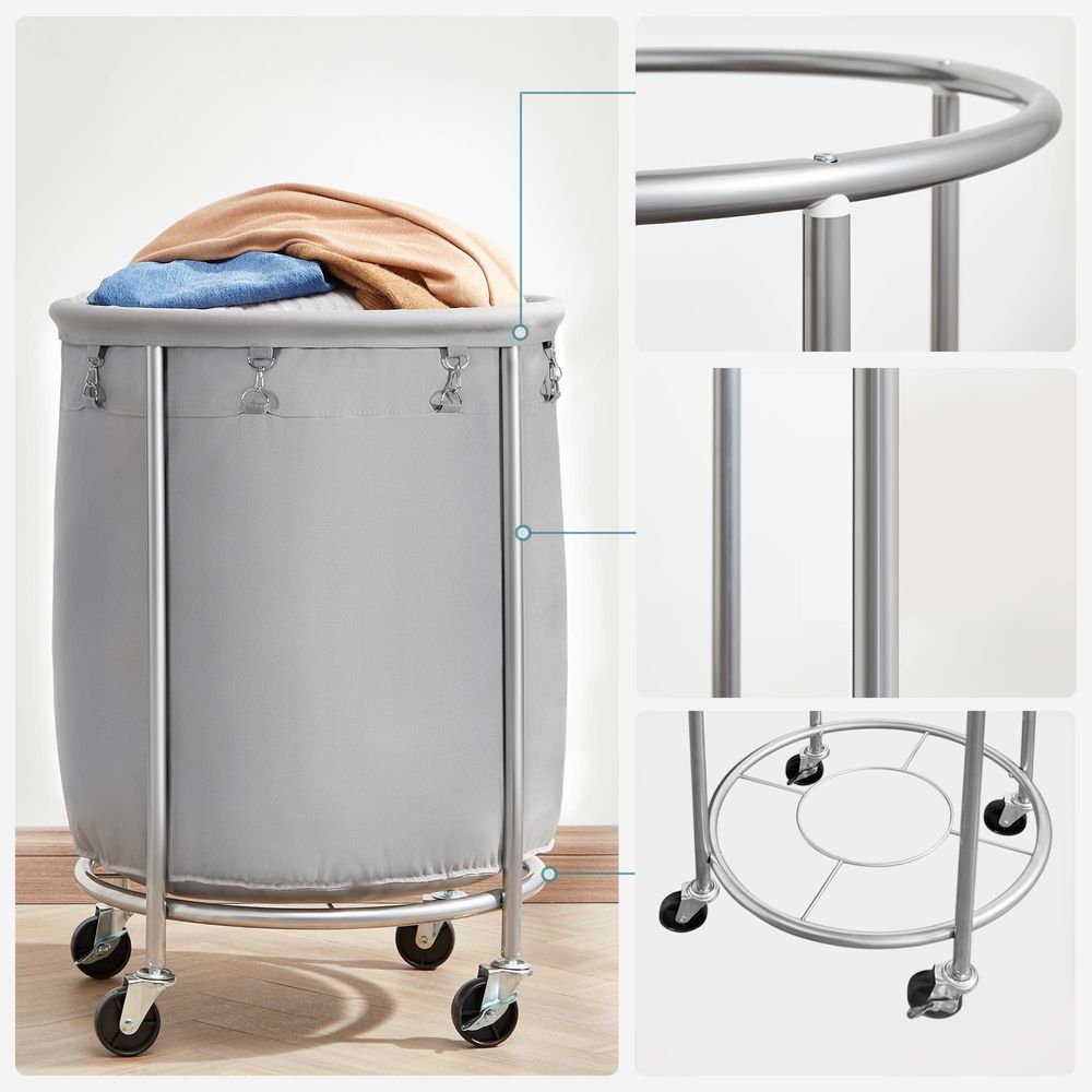 Round Rolling Laundry Hamper | Steel Frame Cart With Wheels