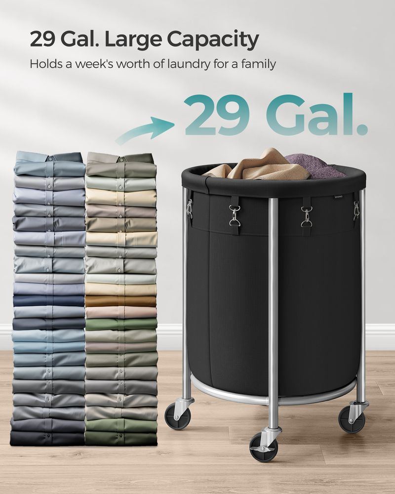 Round Rolling Laundry Hamper | Steel Frame Cart With Wheels
