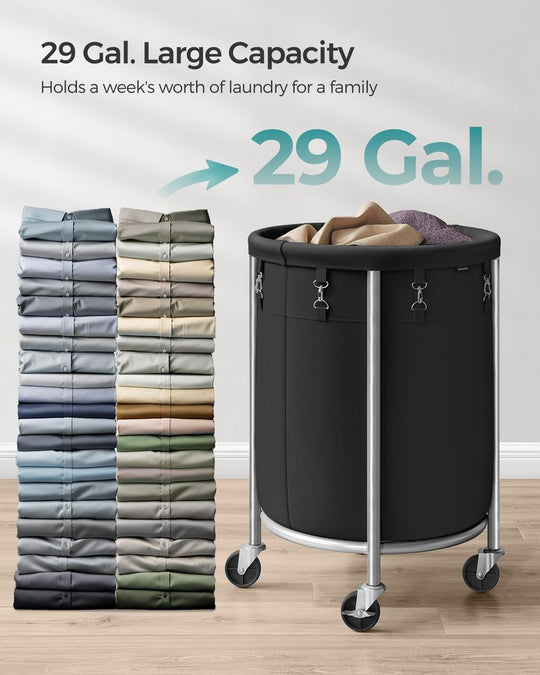 Round Rolling Laundry Hamper | Steel Frame Cart With Wheels