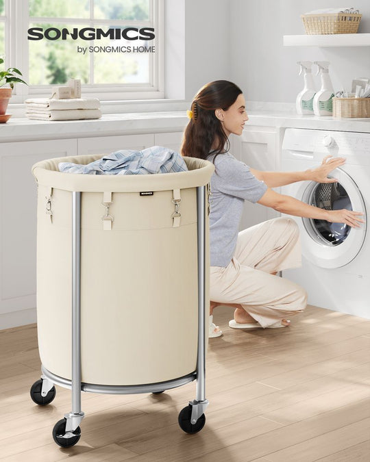 Round Rolling Laundry Hamper | Steel Frame Cart With Wheels