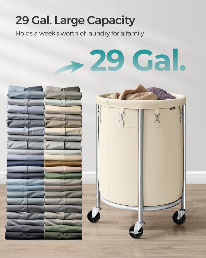 Round Rolling Laundry Hamper | Steel Frame Cart With Wheels
