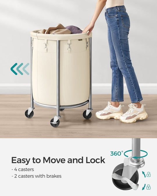 Round Rolling Laundry Hamper | Steel Frame Cart With Wheels