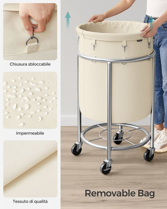 Round Rolling Laundry Hamper | Steel Frame Cart With Wheels