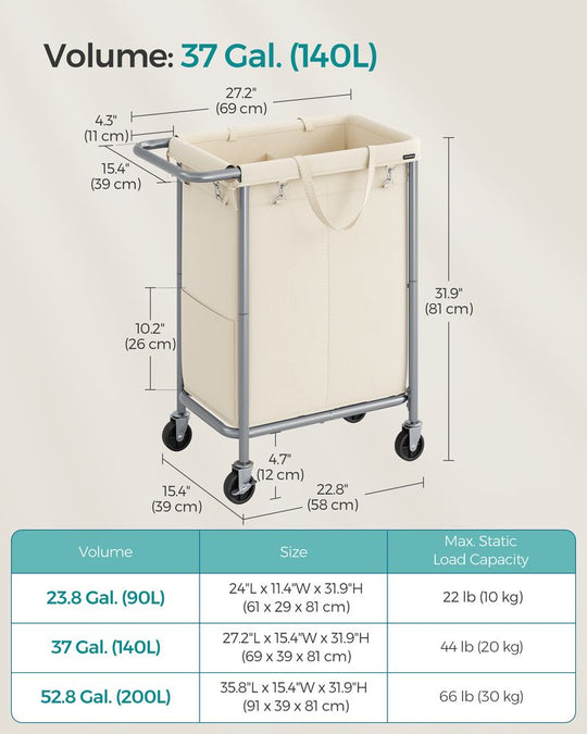 Rolling Laundry Basket | Wheeled Hamper with Steel Frame