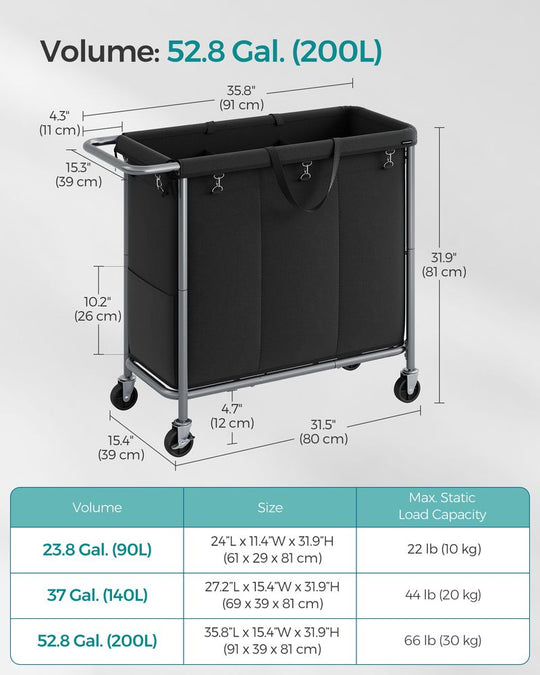 Rolling Laundry Basket | Wheeled Hamper with Steel Frame