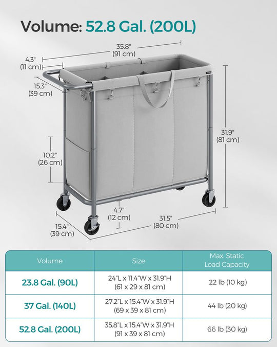 Rolling Laundry Basket | Wheeled Hamper with Steel Frame